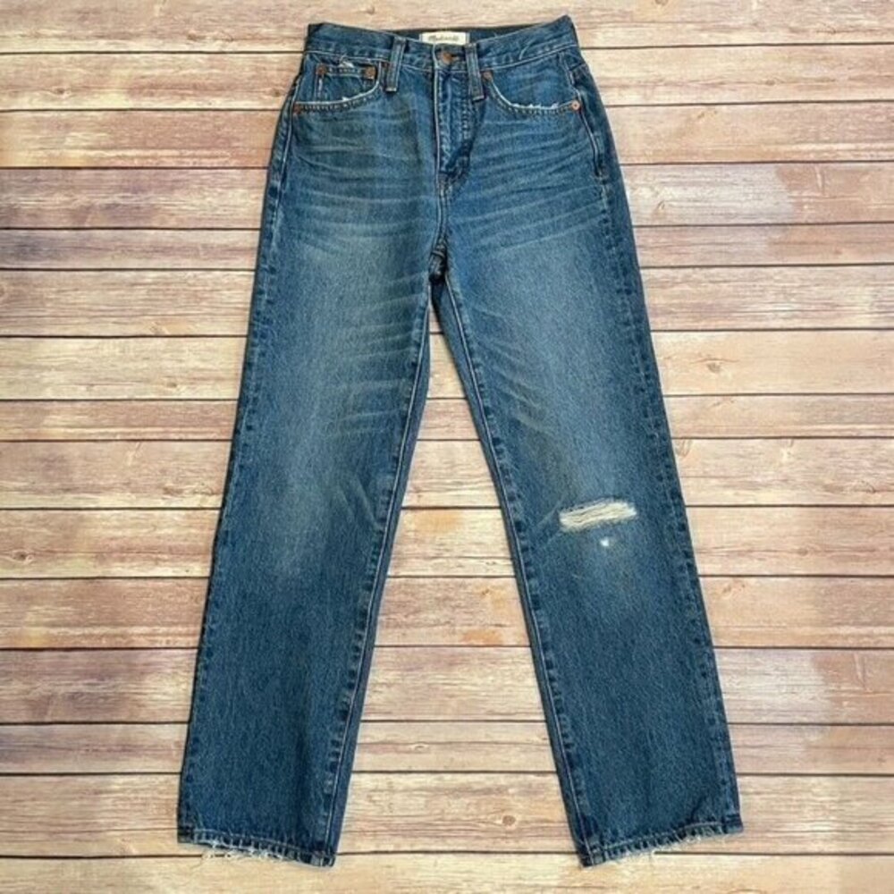 Madewell Classic Straight Jeans Jade Wash Knee Rip Edition